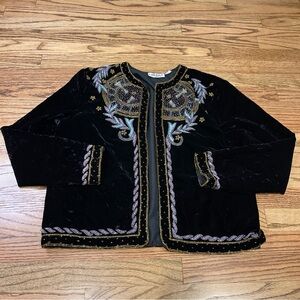 Velvet Beaded Embellished Open Front Jacket Cardigan Black L VTN 90s Glitzy Chic